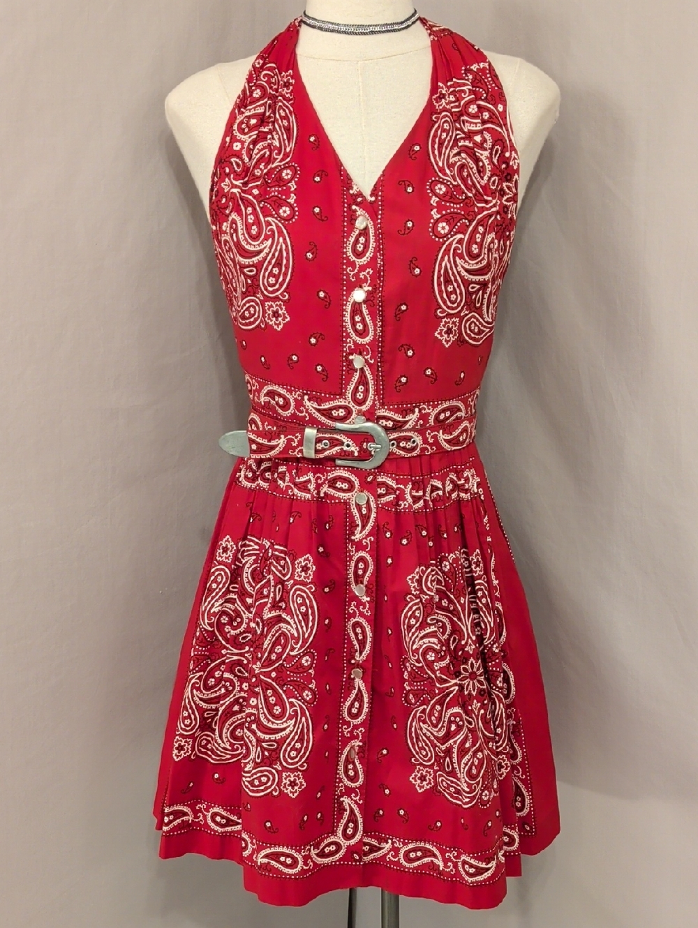 Vintage Red Bandana Halter Dress Fit-and-Flare Low V Belted Sexy Country Western